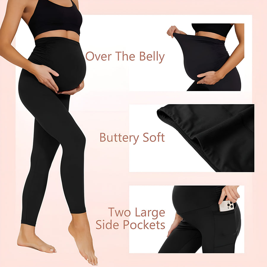 M2M STYLE Women's Maternity Leggings - Over-the-Belly Support with Pockets